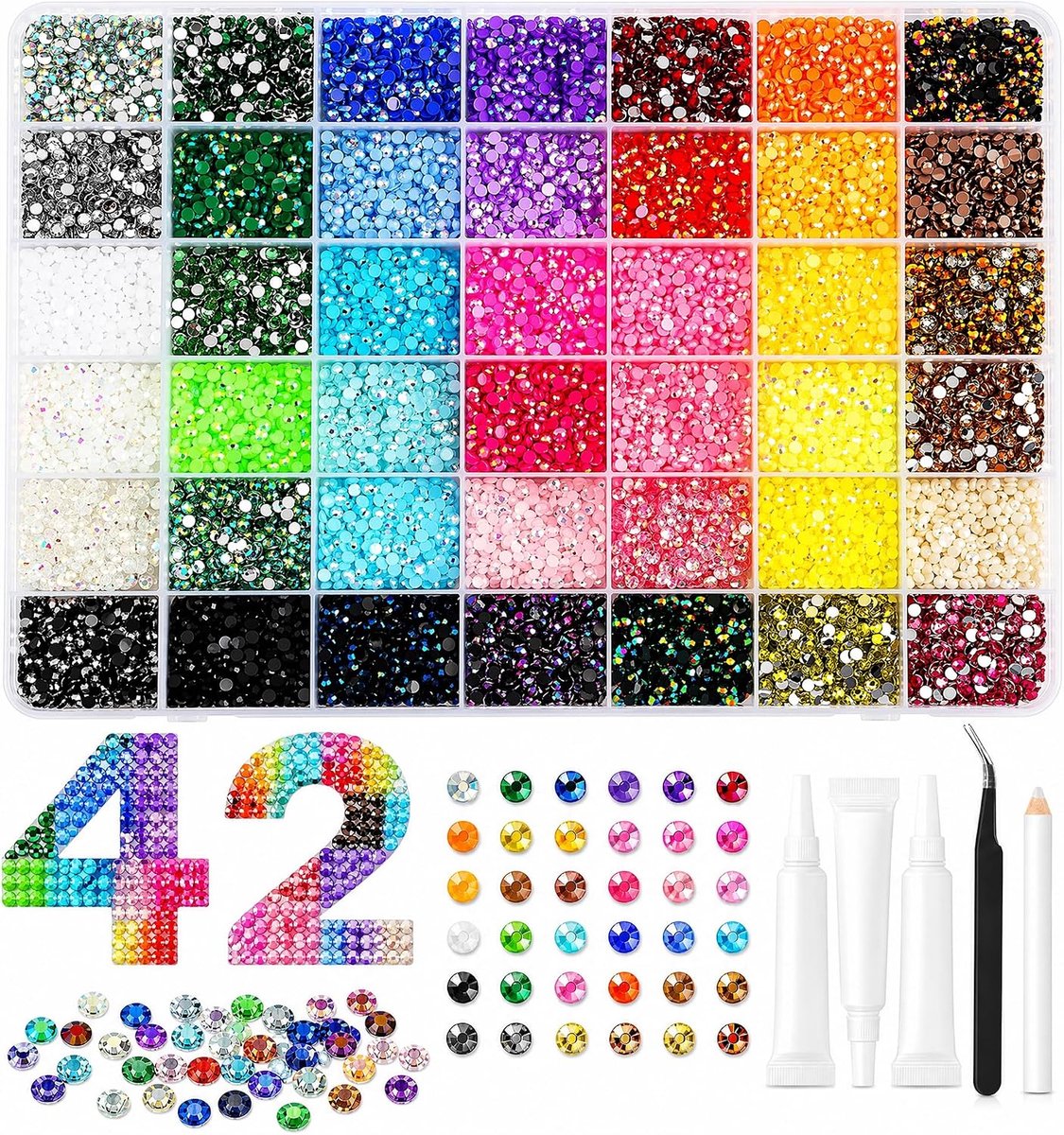 Set van 32.000 glitterstenen, 42 kleuren, 3 mm, voor nagels, textiel, diamond painting, knutselen
