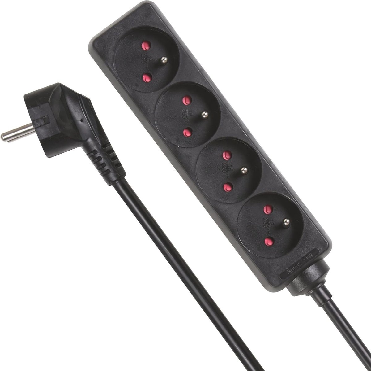 Stekkerdoos, 4 stopcontacten type E met kinderbeveiliging, 5 m kabel H05VV-F 3G1.5, 3680 W, compacte verlengstekker voor binnen, zwart, IP20, 16 A, 230 V