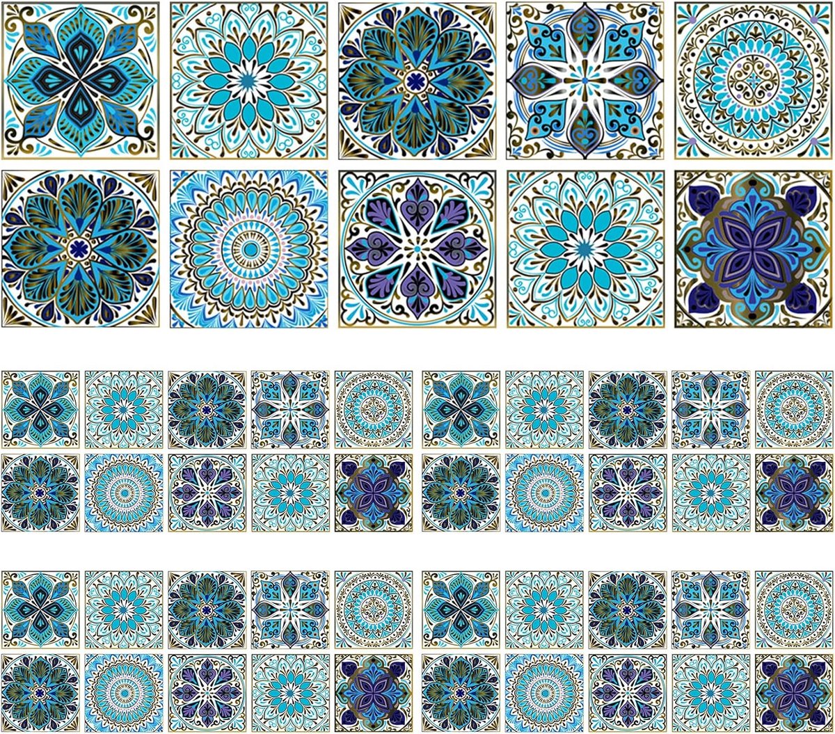 Tegelstickers, 15 x 15 cm, tegelfolie, zelfklevend, decoratieve kleeftegels, zelfklevende tegels, waterdichte mozaïekvloerstickers, wandtegelstickers voor badkamer, keuken (blauw)