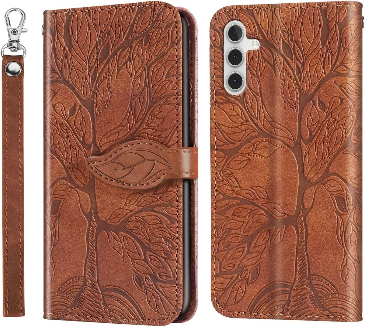 Hoes voor Samsung Galaxy A54 5G, PU-lederen klaphoes met magnetische sluiting en standaard, portemonneehoesje met TPU-binnenhoes en kaartsleuf voor Samsung A54 5G - Bruin
