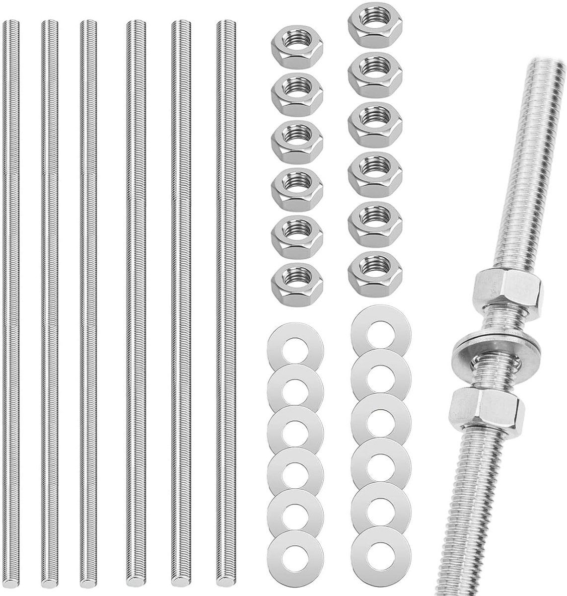 6 stuks schroefdraadstangen, M6, M10 roestvrij staal, stokschroeven, draadpennen met moeren en sluitringen voor montage van meubels en industriële productie (300 mm)