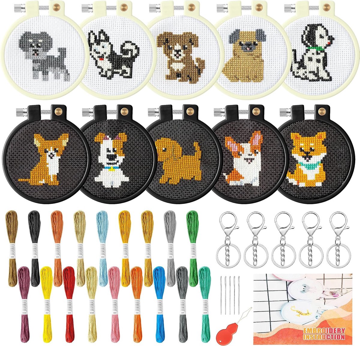 DIY Borduurwerk Cross Stitch voor kinderen puppy's patroon borduurwerk beginnersset met patronen en instructies kruissteekset starter kit naaien met handleiding punch naald beginners