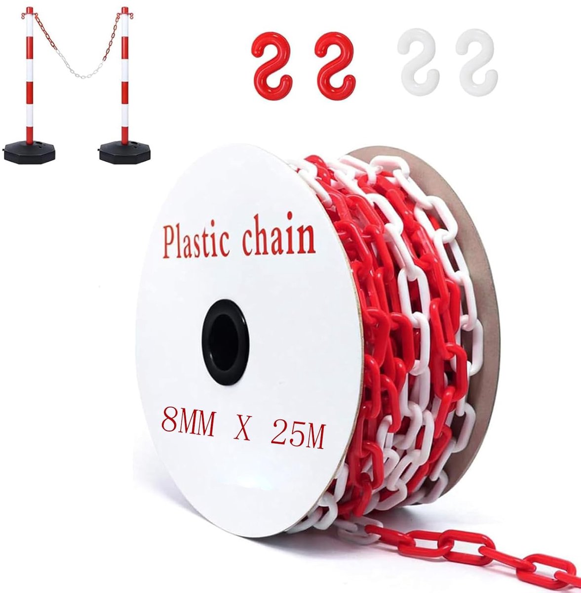 25 m, rood/wit, kunststof, 8 mm afsluitketting, veiligheidsketting, plastic ketting met 4 S-haken, veiligheidswaarschuwingsketting van kunststof voor bouwplaats, parkeerplaats en