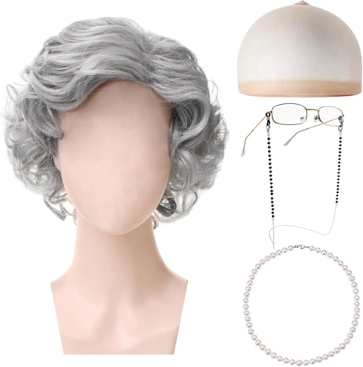 5 stuks oude dame pruik kostuum set, oude dame fancy jurk set met inbegrip van oma pruik bril bril ketting Pruik cap parel ketting voor halloween wereldboekdag cosplay carnaval