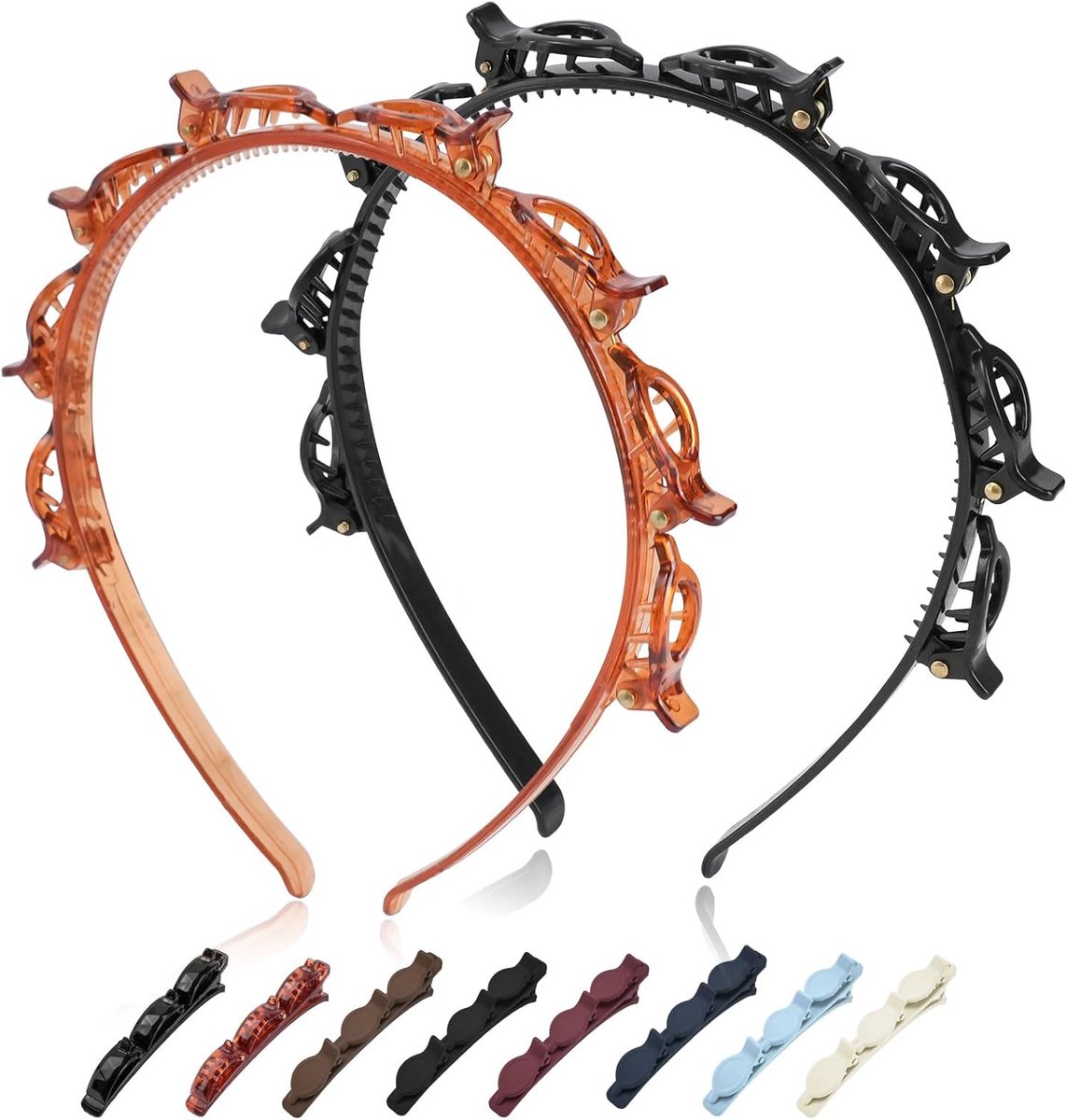 Set van 2 haarbanden met clips, 8 stuks gekleurde haarspelden, hoofdband voor meisjes met clips, dubbellaags kapselhulp voor meisjes en vrouwen, haaraccessoires, haarband (zwart en rood)