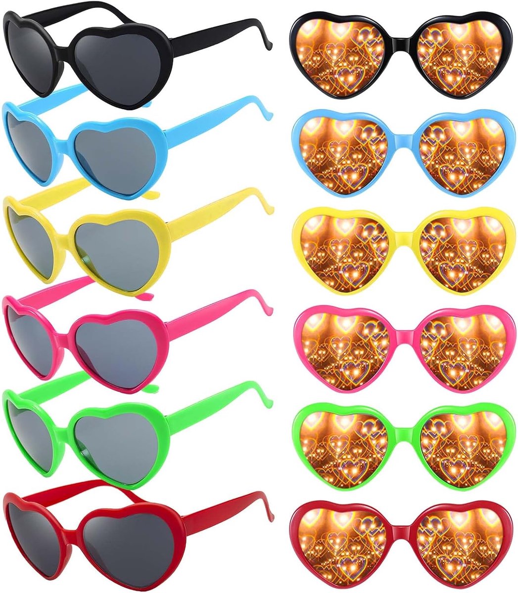 12 stuks hartbrileffect, perzikhartbril, 3D diffractie-hartbril, retro partybril, hartvormige zonnebril, hartvormige zonnebril voor kostuumfeest, carnaval, muziek, buiten, party, bar