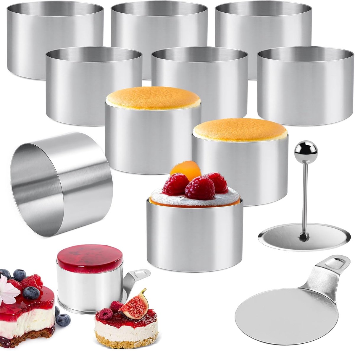 10 stuks dessertringen en dinerringen, set taartringen, kleine serveerringen, roestvrij staal, set 8 cm, met hefboom en stamper, bakringen, voor doe-het-zelf mousse, cake, dessert