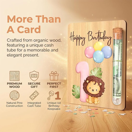 Simsky Geldgeschenk 1e verjaardag jongen, houten kaart met reageerbuis, leeuwenmotief, grappig cadeau 1 jaar jongen, houten wenskaart geldverpakking decoratieve set 13x10cm voor neef, kleinkind zoon — afbeelding 3