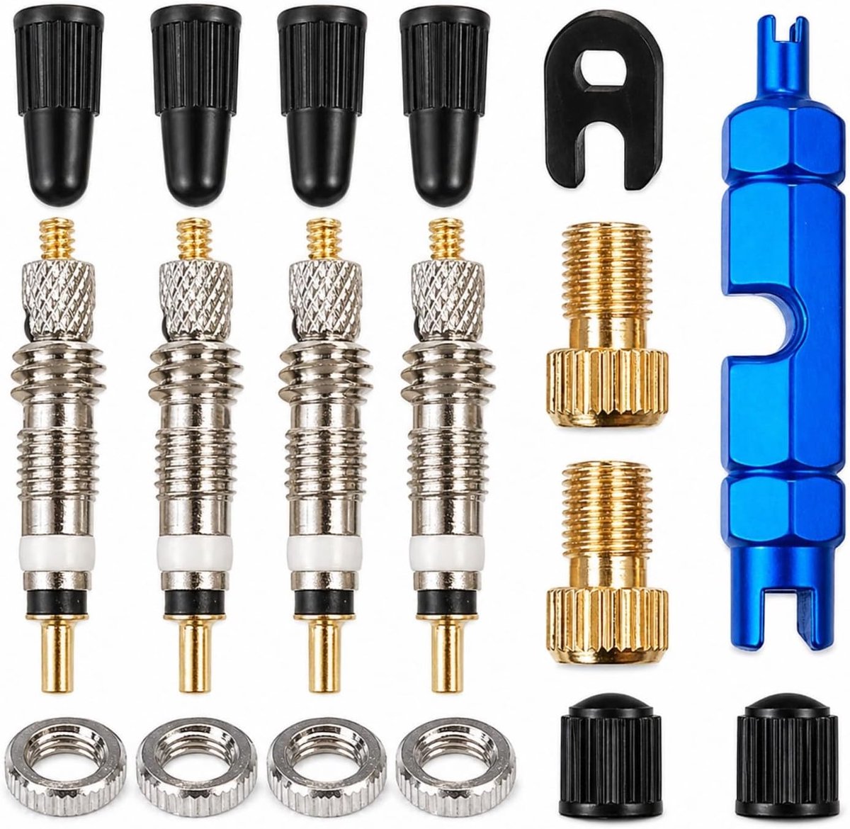 SnelShoppen - QLK Presta Ventielkern Vervangset 18 Stuks, Fietsventiel Adapter Set, Ventielmoer, Ventielsleutel, Ventieldoppen voor Fietsen en Mountai