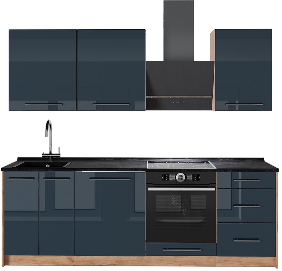 Vicco Complete keukeneenheid Fame-Line, Donkerblauw hoogglans/Goudkleurig Eiken, 230 cm zonder werkblad