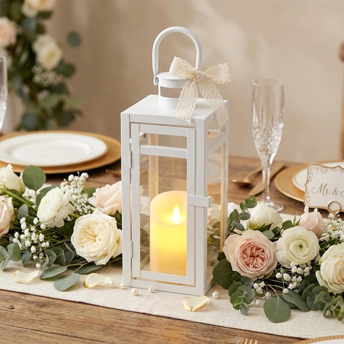 Decoratieve Lantaarn 30cm Hoog - Metalen Kaarsenhouder - Matte Wit - Voor Binnen en Buiten - SnelShoppen