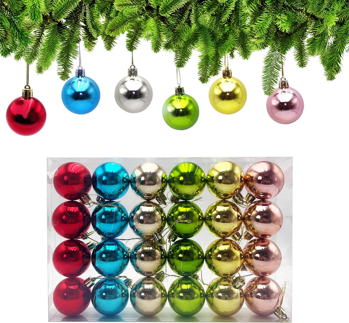 Xcdhemde 24 stuks Kerstballen Kleuren Ø 5cm, Kerstbal Ornamenten, Kunststof Kerstballen, Kerstboom Versieringen - ShopVlot