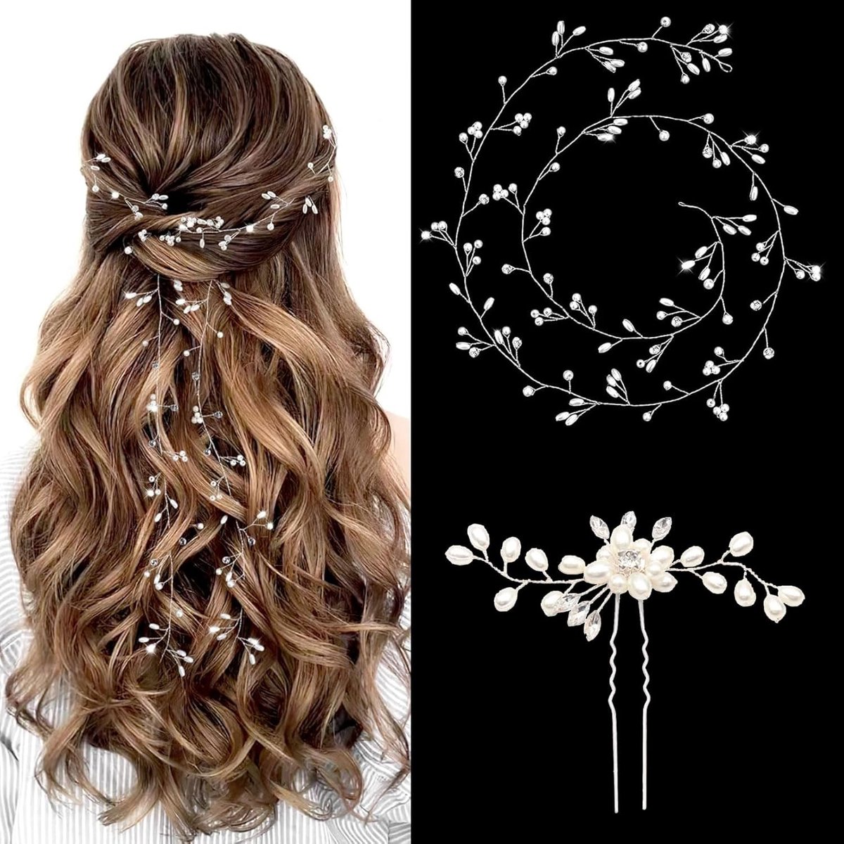 SnelShoppen - 2 Stuks Bruids Haarband en Haarsieraad, Zilveren Bloemige Bruiloft Haaraccessoires voor Vrouwen bij Speciale Gelegenheden