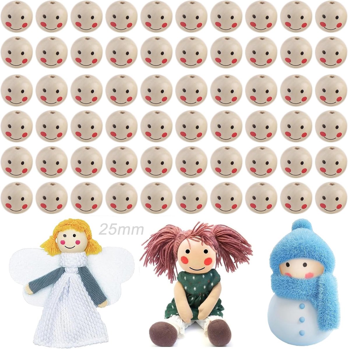 60pcs 25mm Wooden Beads with Angel Face, Wooden Beads with Face, Round Wooden Beads with Face, DIY Craft Beads for - ShopVlot