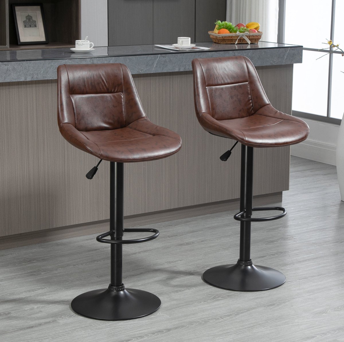 COVREO Barkruk 46,5x50x88-108 cm bruin, kunstleer draaibaar set van 2