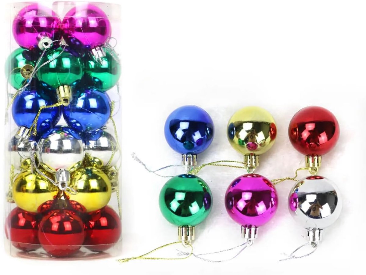 SnelShoppen - 50 Stuks Kerstballen met Koord, 2cm Ornamenten voor Kerstbomen, Gemengde Kleuren Versieringen voor Feestdagen en Partijdecoratie