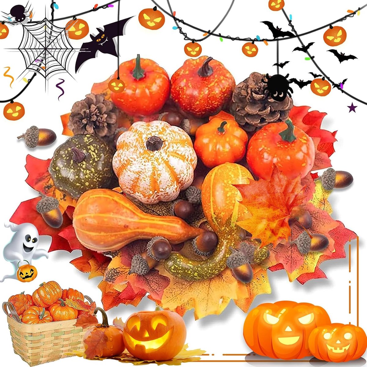 70 Pieces Artificial Pumpkins Set, Mini Artificial Pumpkins Autumn Decoration, Pine Cones and Acorns, Artificial - ShopVlot