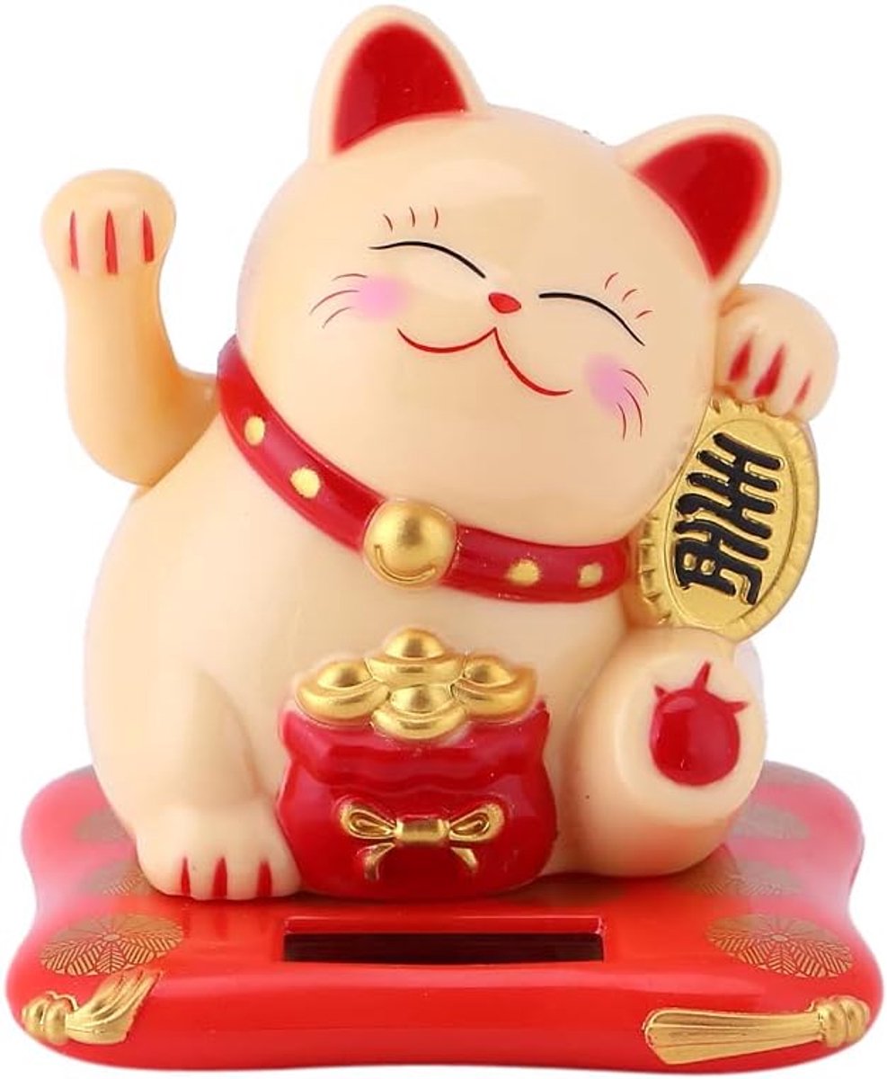 SnelShoppen - Zonnenergie Lucky Cat met Wiebelarm, Schattige Fengshui Geluks Kat voor Thuis en Kantoor, Geel, Decoratie, Geluk Brenger