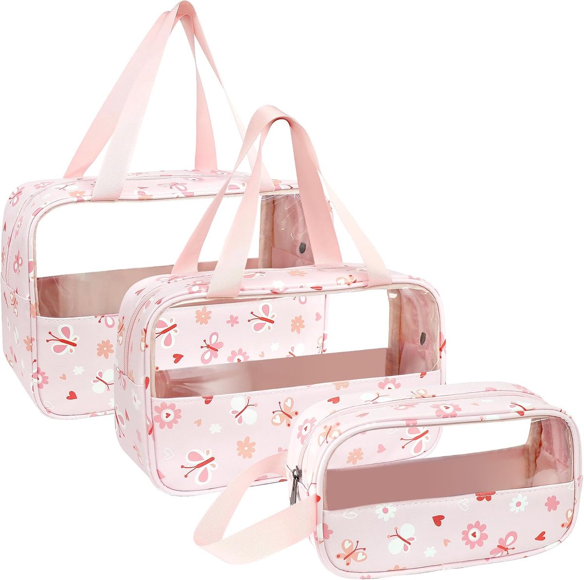 LEcylankEr Transparent Toiletry Bag Set of 3 Portable Cosmetic Bag Waterproof PVC for Women, Pink Print, Transparent - ShopVlot