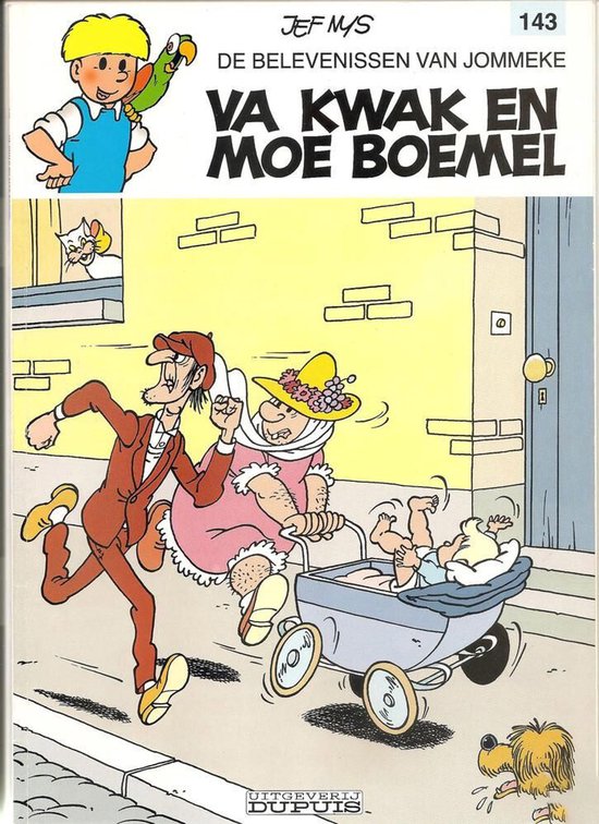 Stripcover Jommeke 143: Va Kwak en moe Boemel. Kinderen met een kinderwagen, een man en een hond.