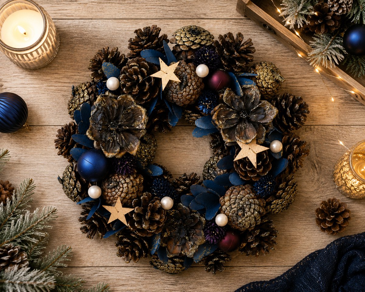 Landelijke Kerstkrans Ø 30 cm – Blauwe Deurkrans met Gouden Accenten en Dennenappels – Ronde Kerstdecoratie voor Binnen en Buiten – Blauw en Goud – foto 3