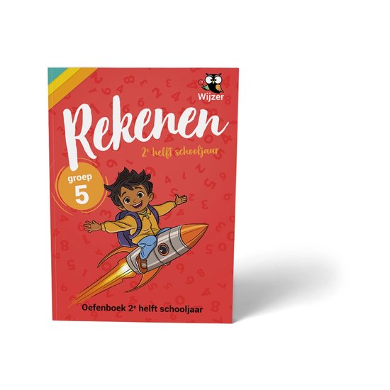Rood oefenboek 'Rekenen groep 5' met illustratie van een jongen op een raket.