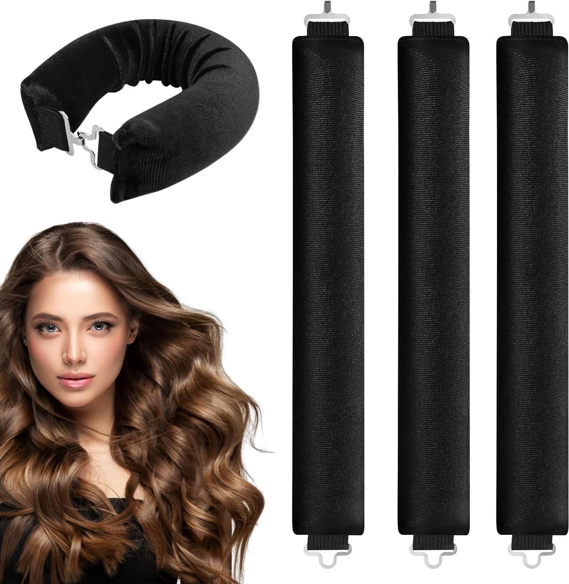 Set van 4 krulrollen voor krullen zonder hitte – DIY- voor 's nachts, geschikt voor alle haartypes (zwart)
