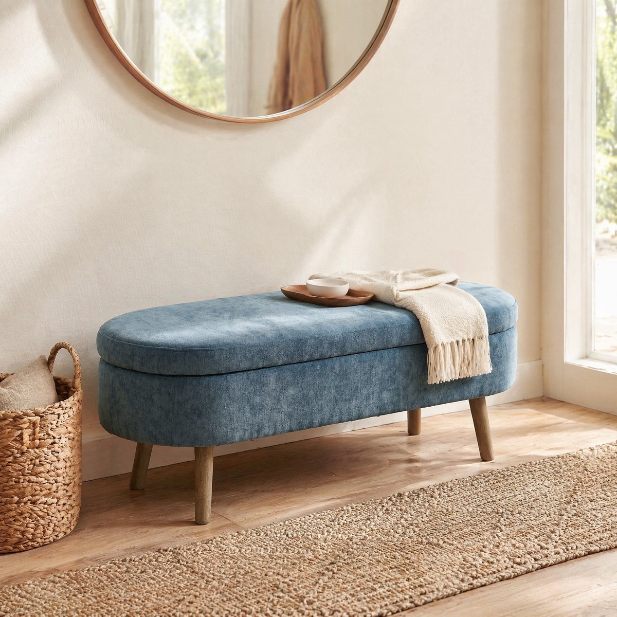 REDOM- Opbergbank - Chenille bekleding - Ovale vorm met hydraulisch scharnier - Opbergruimte - Scandinavische stijl - Woonkamer, hal, slaapkamer - Hout - Blauw - 110 x 40 x 42 cm