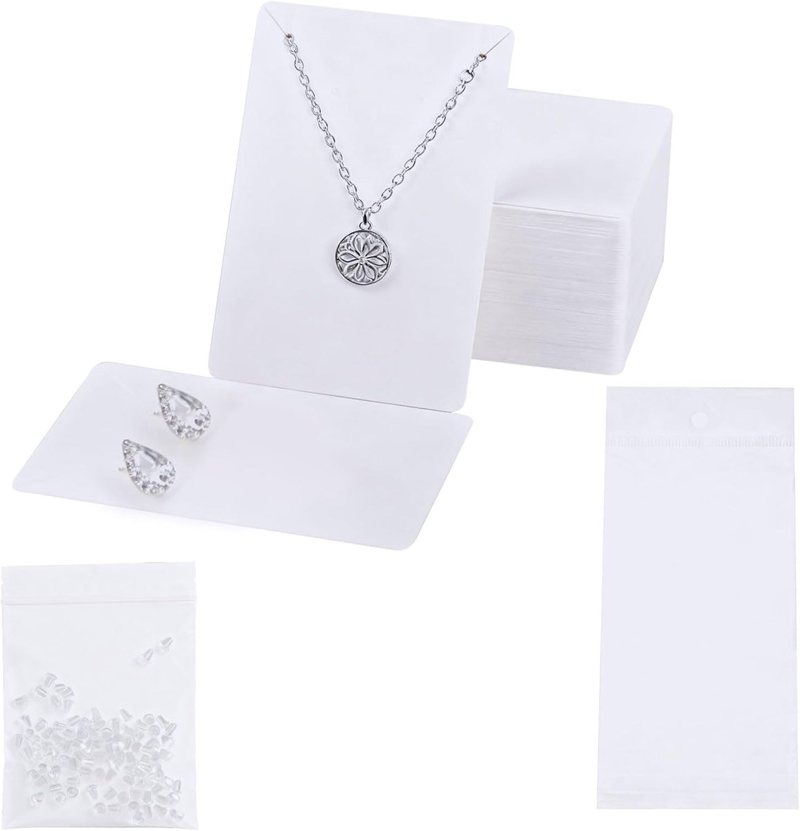 SnelShoppen - 100 Stuks Sieraden Display Kaarten met 100 OPP Cellofaan Pouches, 200 Oorbellen Haken voor DIY Verpakking, Sieraden Displays voor Oorbel