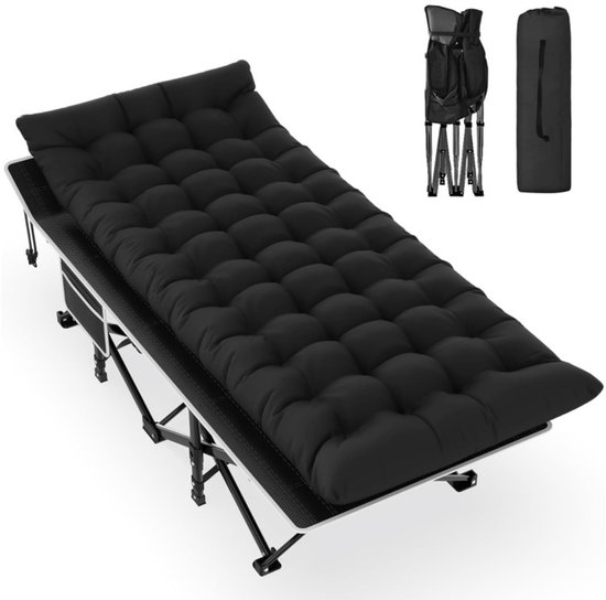 Zwart opvouwbaar campingbed met een gewatteerd matras, inclusief opgevouwen bed en draagtas.
