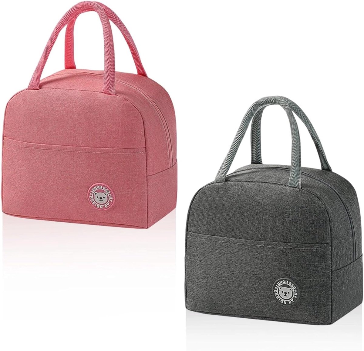 SnelShoppen - Lunch Bag - 2x Kleine Koeltassen - Grijs en Roze Mini Koeltas met Zijvakken en Handvatten - Voor School, Familie en Kantoor