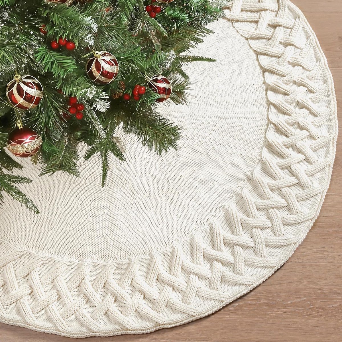 SnelShoppen - Grote Kerstboomrok 48 Inch Rood Gehaakt Kerstboomdeken Mat Rond Kerstboomrok voor Feestdagen en Nieuwjaar (Wit, L)