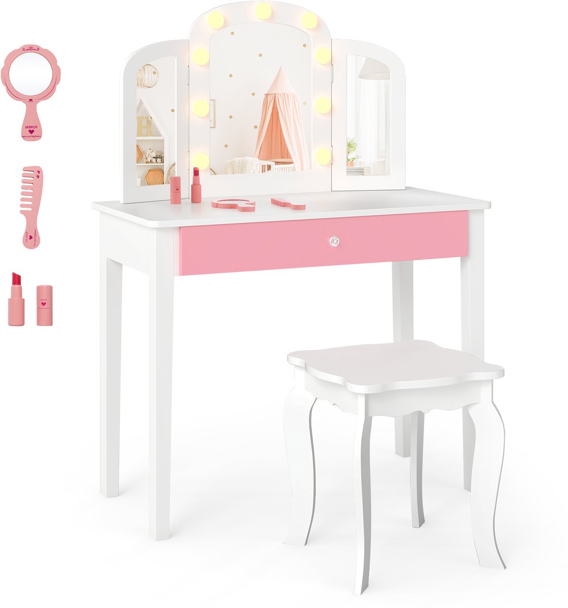COSTWAY 2-in-1 make-uptafel voor kinderen met verlichting, kaptafel met kruk, lade, inklapbare en 3-kleurige spiegel, prinsessen-cosmeticatafel, make-upcommode voor meisjes vanaf 3 jaar (wit)
