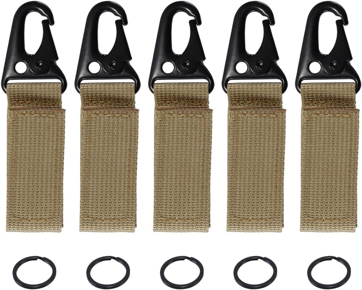 SnelShoppen - Set van 5 Riemclips, Sleutelhangers, Karabijnhaken en Sleutelhouders met Gespen voor Outdoorsport, Rugzakken, Camping en Caravans - Kaki