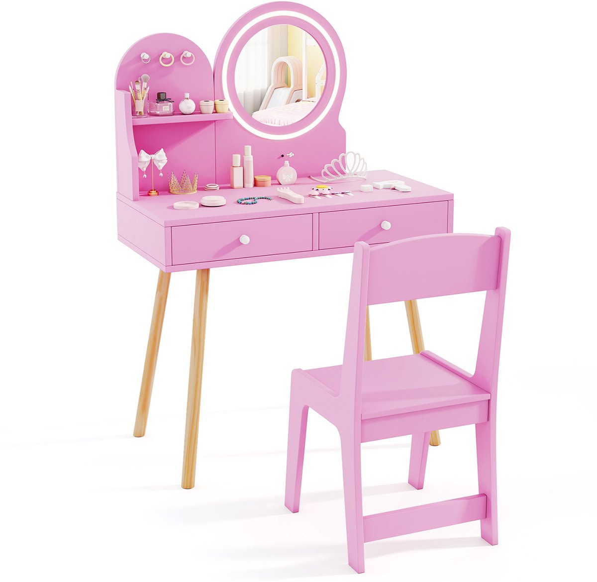 COSTWAY Kinderspeeltafel met Verlichting, 2-in-1 Kaptafel met Spiegel, 2 Laden, Opbergplank & 3 Haken, Houten Make-up Tafel voor Meisjes vanaf 3 Jaar (Roze)