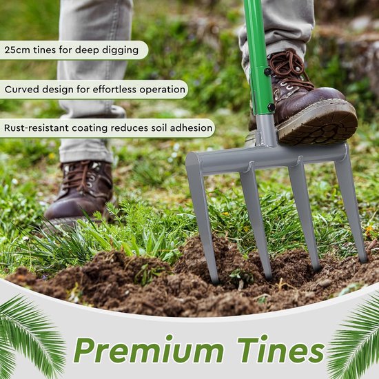 Grave fork voor harde en stenige grond, 31 x 107,5 cm, 4-tandige spade van hoog-mangaanstaal met 25 cm zinklengte en inclusief handschoenen voor tuinieren — afbeelding 3