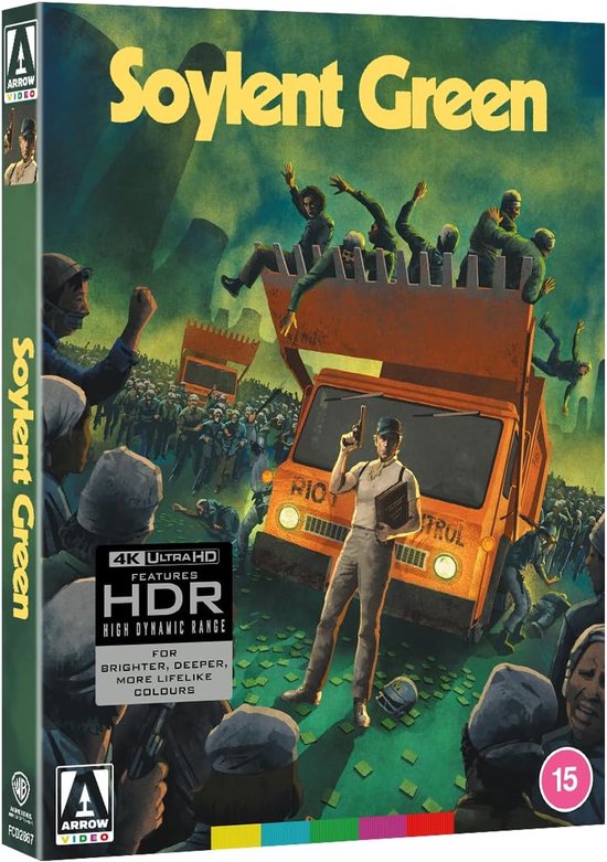Soylent Green 4K UHD. Close-up van de hoes met oranje vrachtwagen, soldaten en menigte.