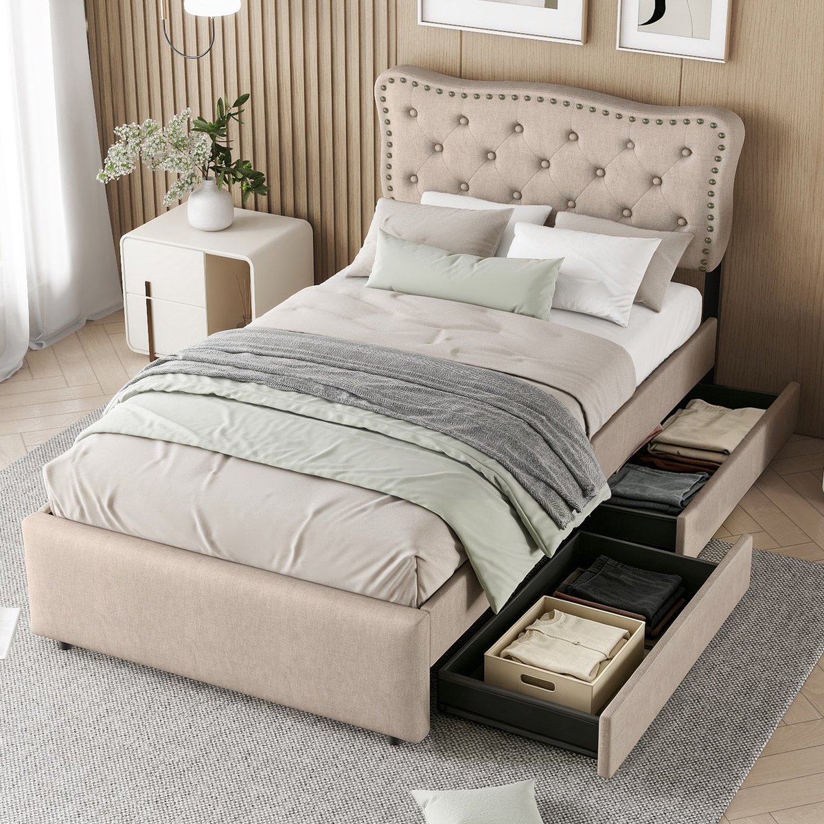 Gestoffeerd bed 90x200 cm met decoratieve nagelkoprand - Donkerbeige - Twee opberglades - Verstelbaar hoofdeinde (3 standen) - Linnen bekleding en MDF-frame