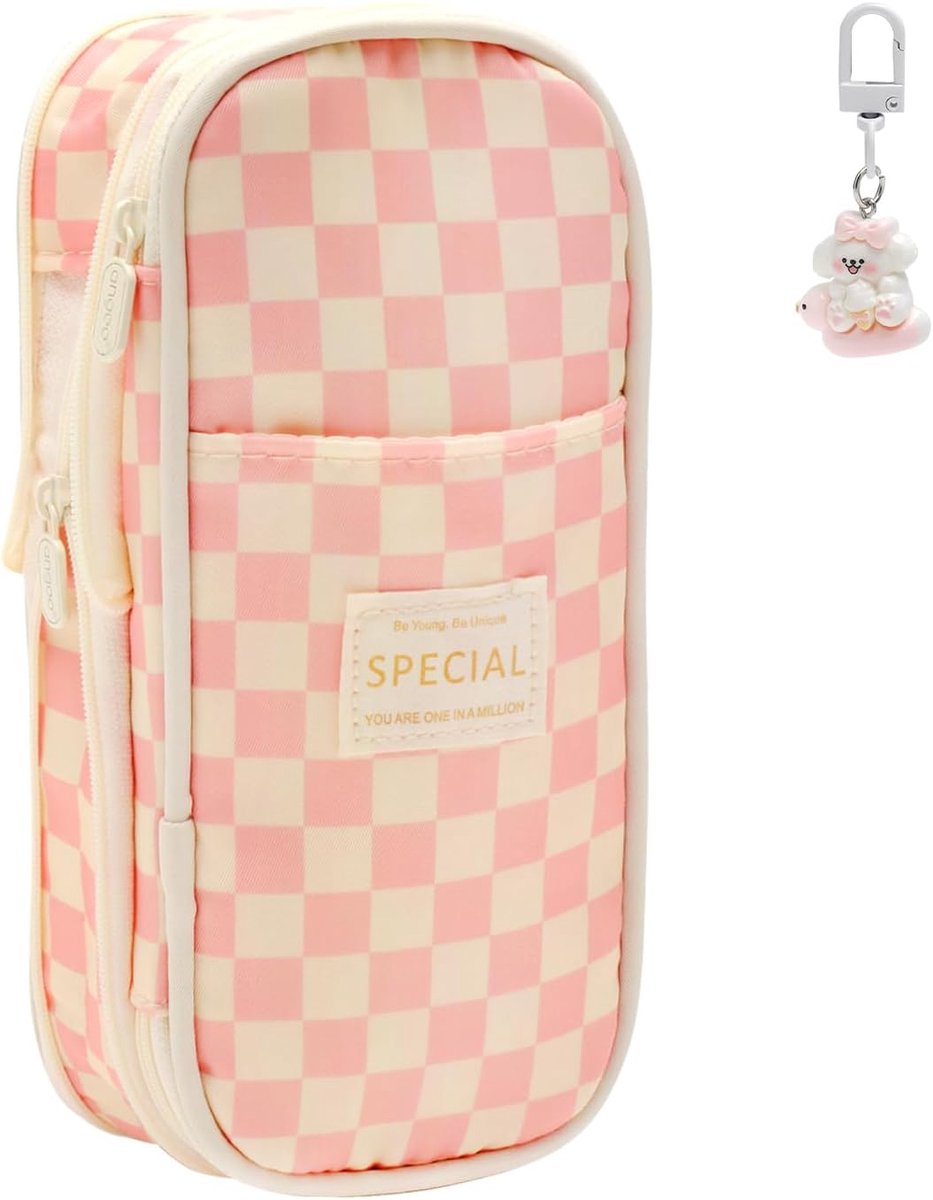 SnelShoppen - Grote Pennenbak met Roze Diamantpatroon, 4 Compartimenten, Aesthetisch en Uitbreidbaar, Ideaal voor School, Praktische Pennenhouder met
