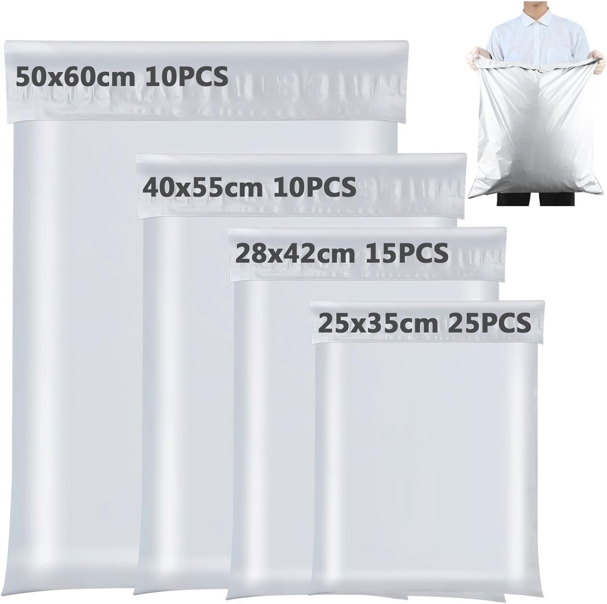 SnelShoppen - Pack van 60 Verzendzakken voor Kleding, Waterdicht, Opaak, Zelfklevend, 4 Maten (25x35 cm, 28x42 cm, 40x55 cm, 50x60 cm) - Ideaal voor V