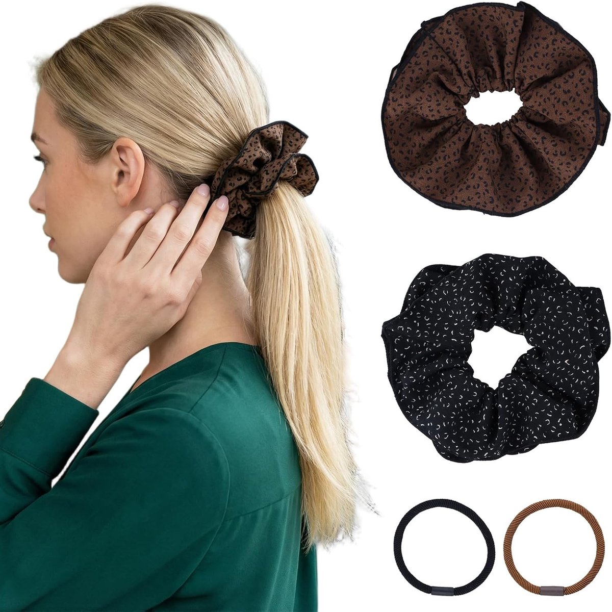 SnelShoppen - Dames Haar Scrunchies Groot Set van 4, Eenvoudige Haarbanden met Luipaardpatroon voor Dik Haar, Donkerbruin en Zwart, Perfect voor Feest