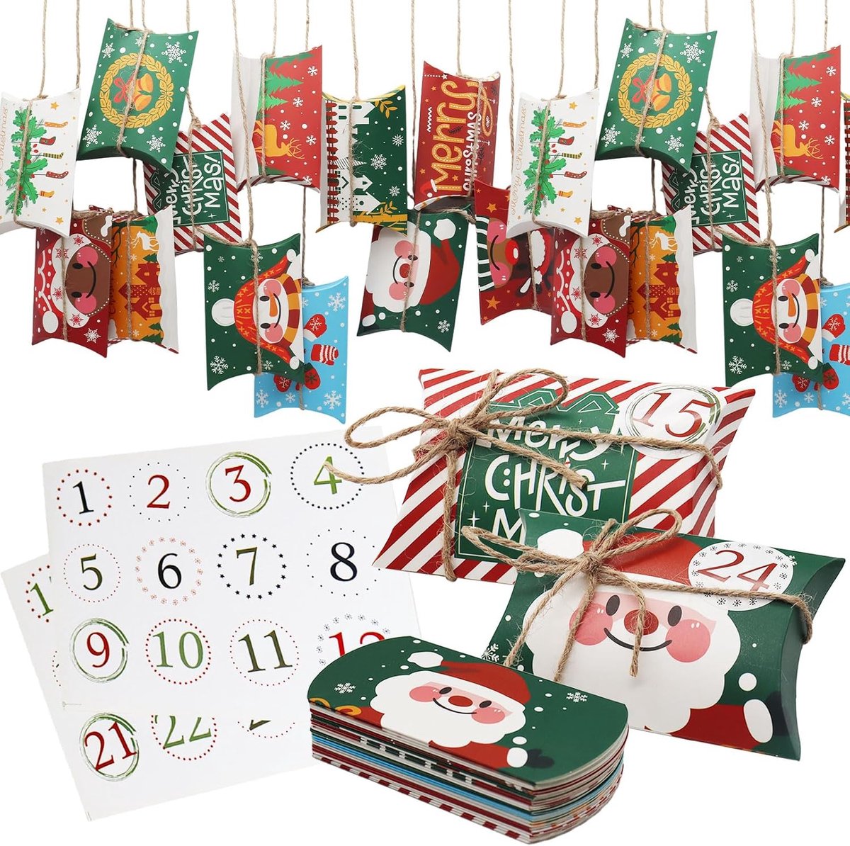 SnelShoppen - DIY Adventskalender Set 24 Vullingen met Kerststickers en Jute Touw voor Kerstdecoratie, 12 Ontwerpen, 12x7 cm