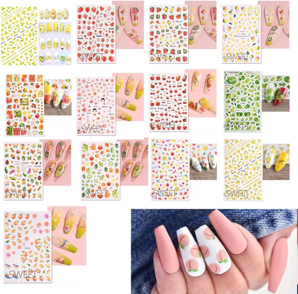 Pack of 13 Nail Stickers Summer Fruit Leaf Nail Art Self-Adhesive Nail Stickers Lemons Decoration Nail Design - ShopVlot