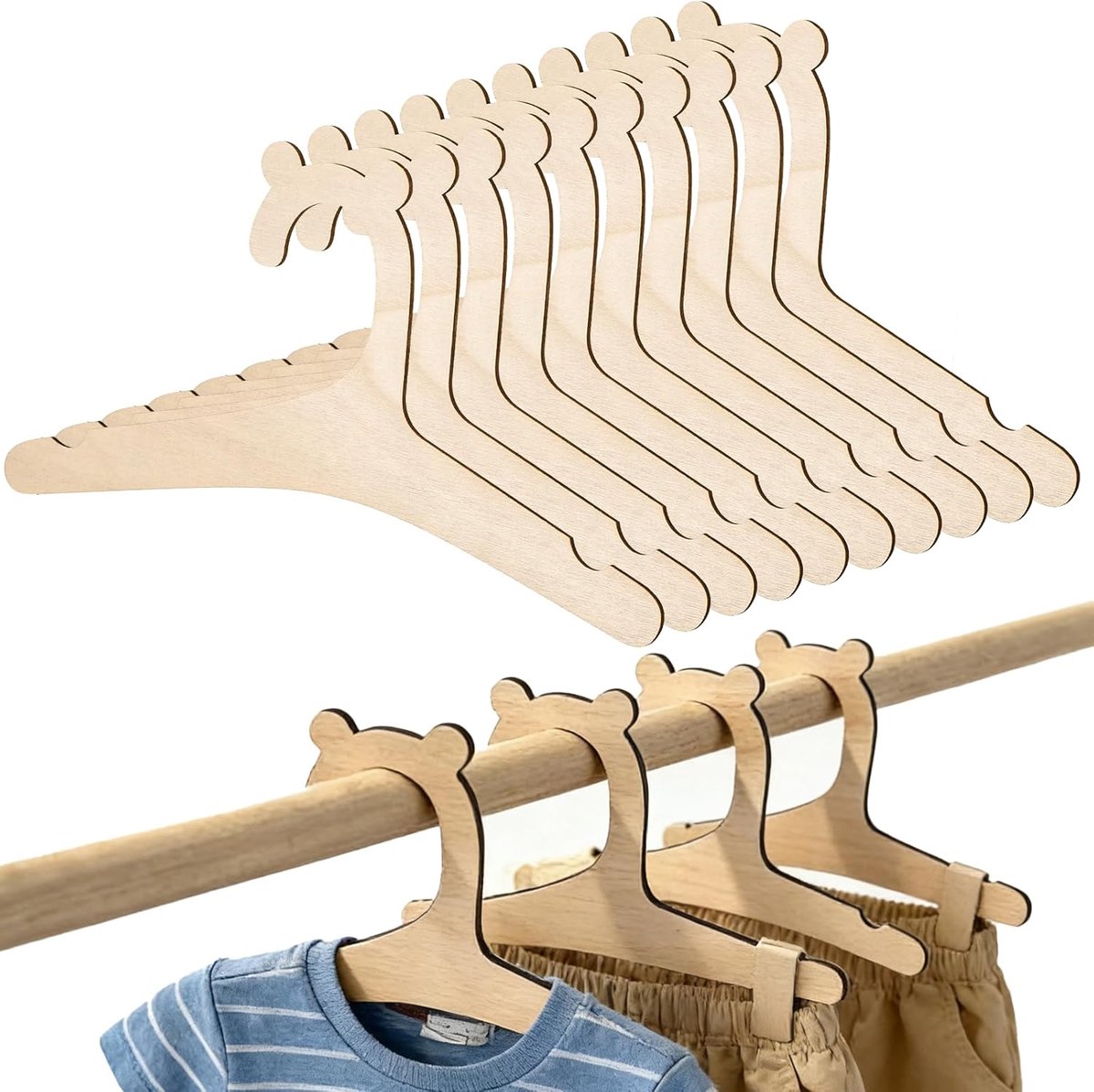 SnelShoppen - Set van 10 Houten Baby Hangers, Antislip Kinderhangers voor Kleding, Slimme Organisatie voor Baby's en Kinderen, Ideaal voor Kleding en