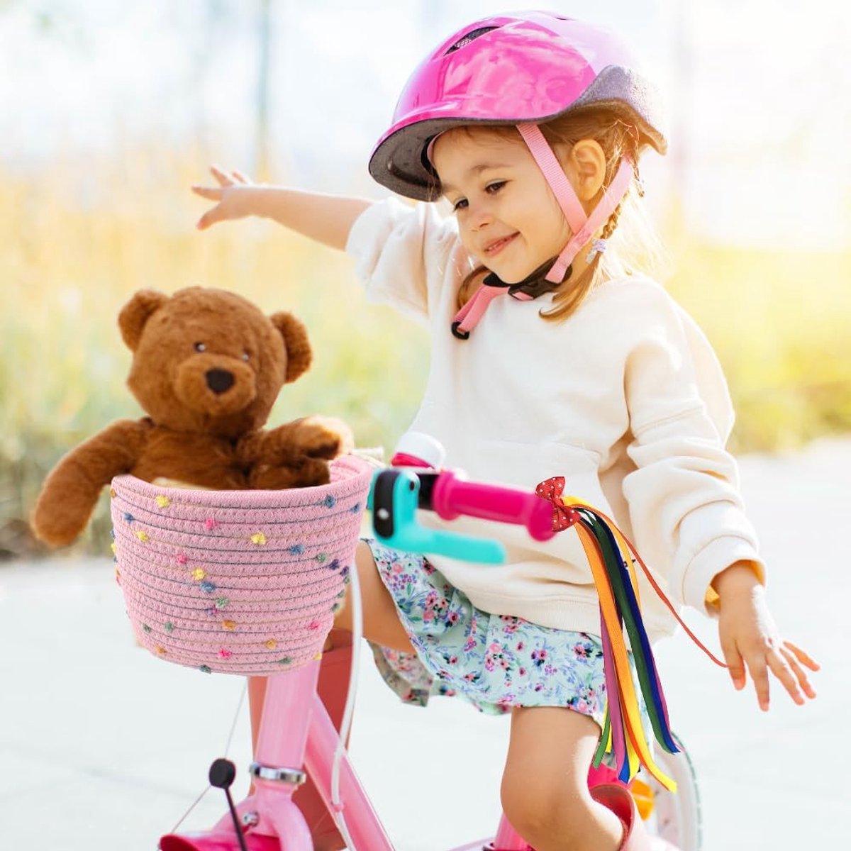 Fietsmand voor kinderen - roze katoen - met handvat en strik - ideaal voor meisjes - ShopVlot