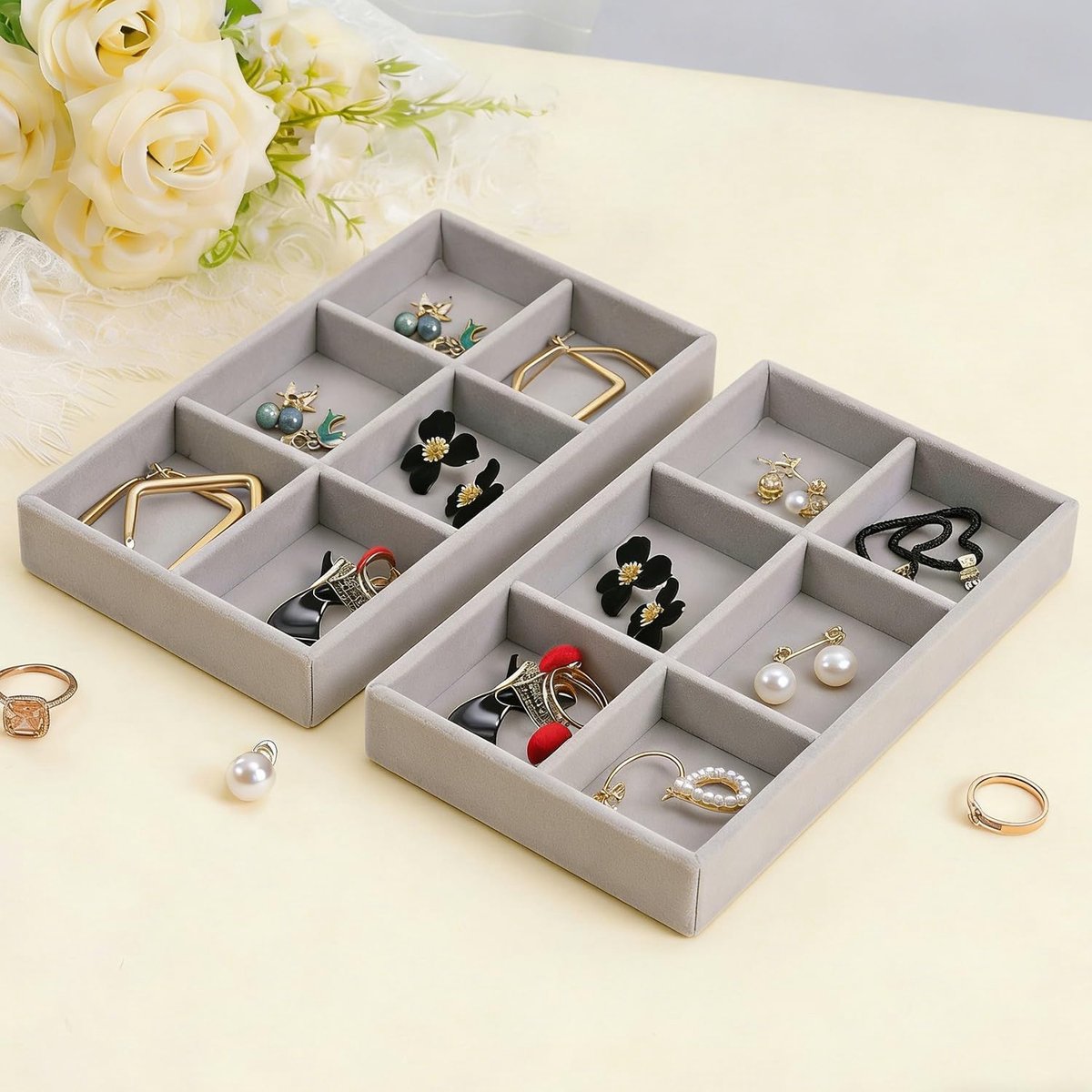 SnelShoppen - 2 Pack Velvet Sieraden Organizer Tray Inleg Voor Oorbellen, Armbanden, Kettingen, Ringen, Zwart (Grijs, 6 Compartimenten)