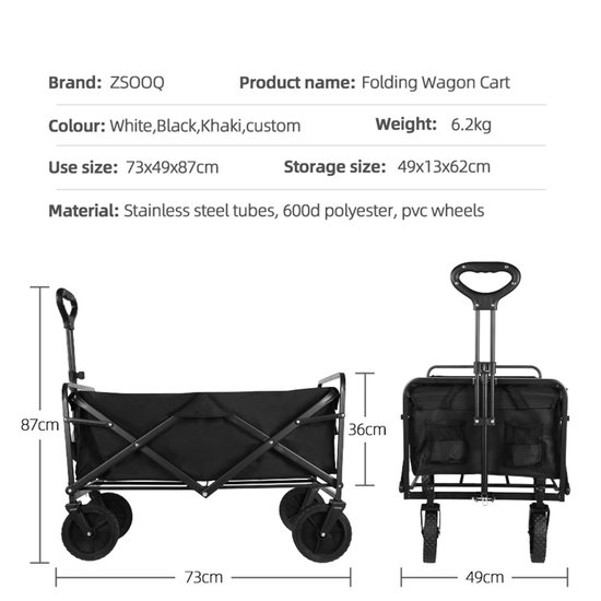 Bolderkar Opvouwbaar - Compacte Transportkar 73x49x36 cm - 150 kg Draagvermogen - Stevige Terreinwielen voor Gras, Zand en Bestrating - Inklapbare Handkar voor Camping, Strand en Tuin - Zwart van Bolderkar Opvouwbaar — afbeelding 3