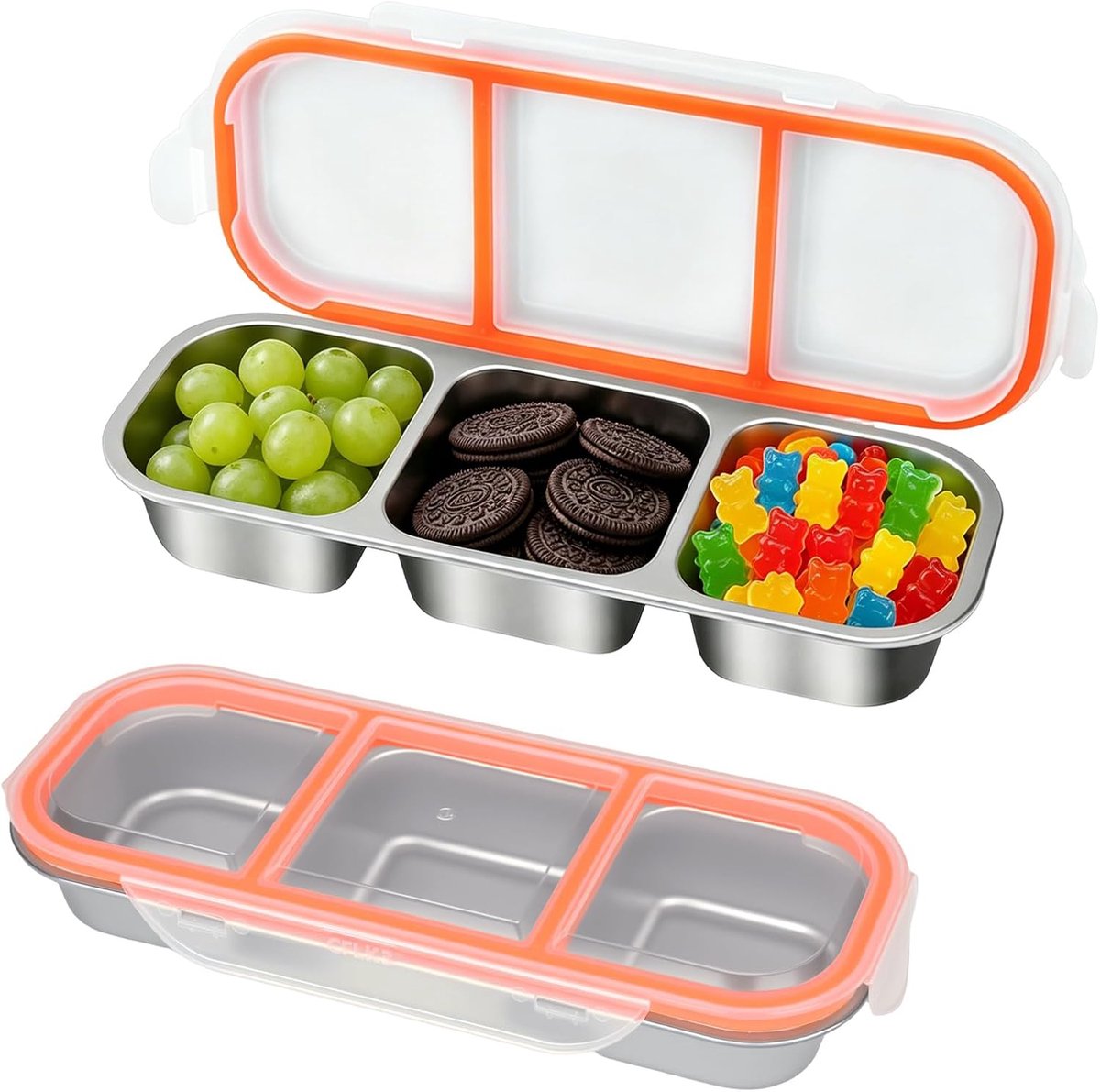 KZQ Set van 2 Roestvrijstalen Snackboxen met Vakken, 600 ml, Lekvrij Deksel, Draagbaar, voor Kinderen en Meal Prep van Salade, Fruit en Snacks