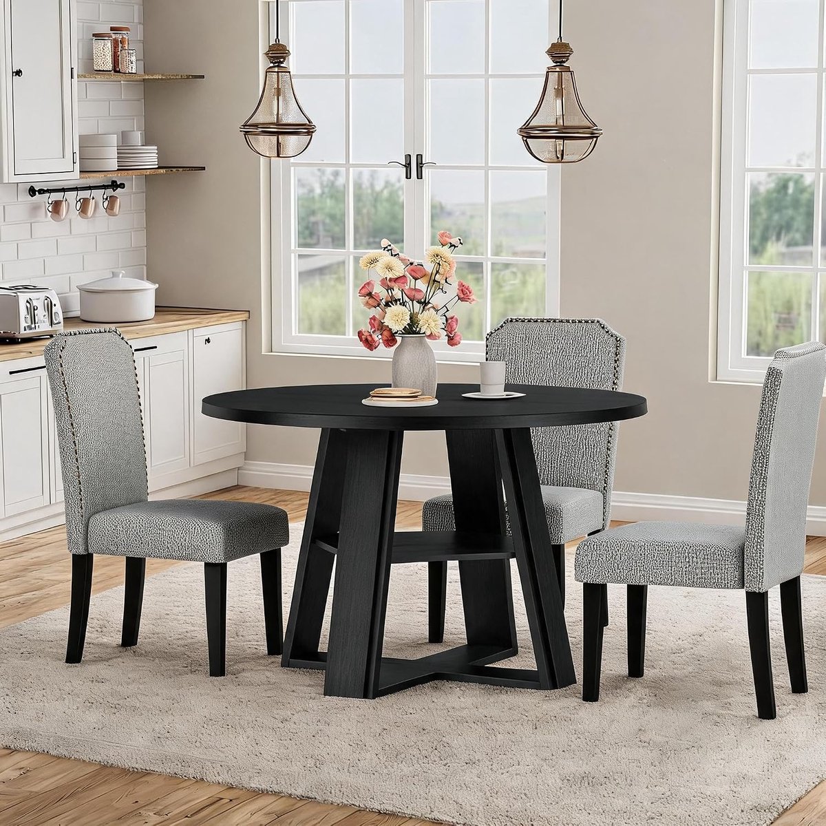 Ronde eettafel van 43,3 inch – Moderne keukentafel – Stevig houten voetstuk – Voor 4-6 personen – Opbergplank – Rond tafelblad – Ruimtebesparend