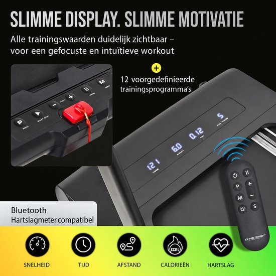 Zwarte loopband met LED-display met snelheid, tijd, afstand, calorieën en hartslag. Inclusief afstandsbediening.